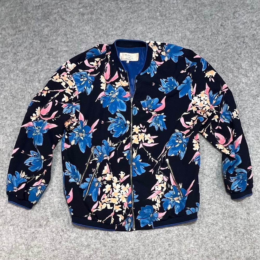 TRAFALUC ZARA Bomber Jacket Navy Blue Floral Print Long Sleeve Zip Front Women M
